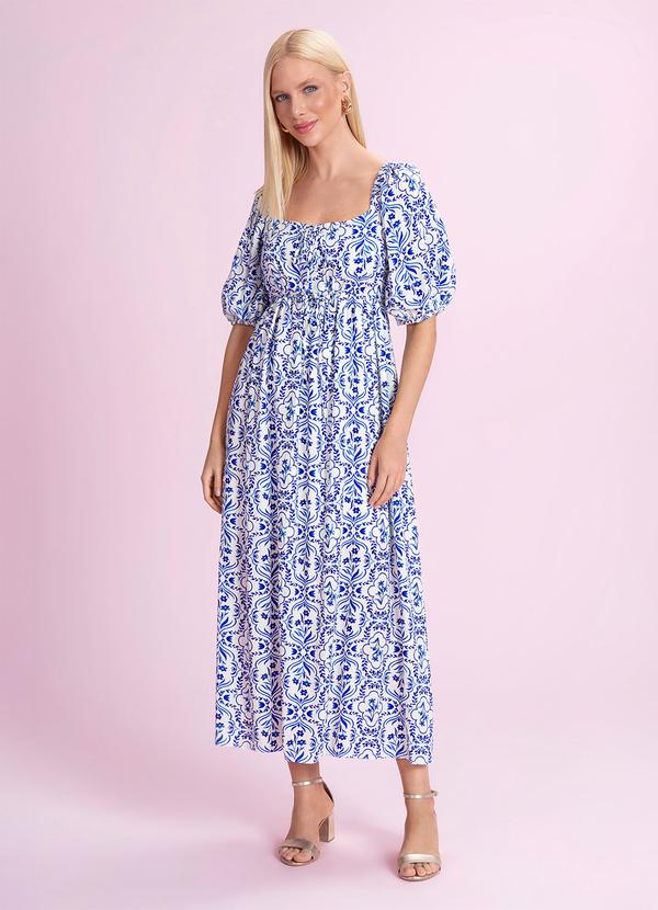 Vestido Midi Viscose Estampada Azul