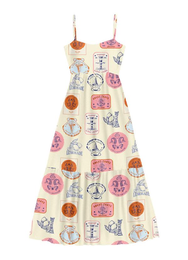 Vestido Midi Viscose Estampada Bege