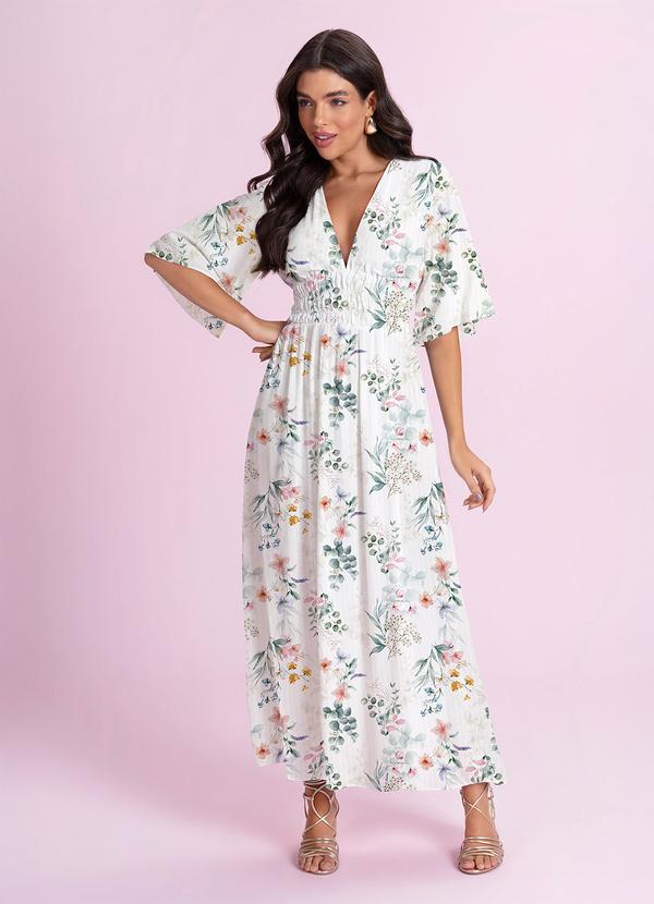 Vestido Midi Viscose Estampada Branco
