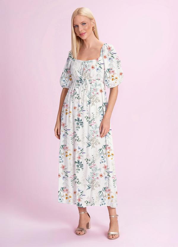 Vestido Midi Viscose Estampada Branco