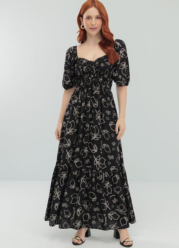 Vestido Midi Viscose Estampada Preto