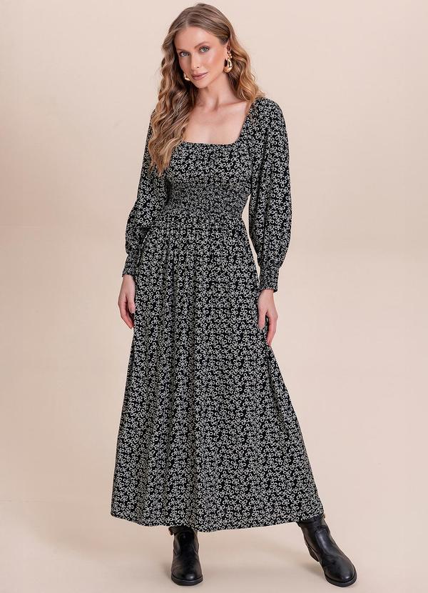 Vestido Midi Viscose Estampada Preto