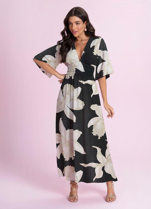 Vestido Midi Viscose Estampada Preto