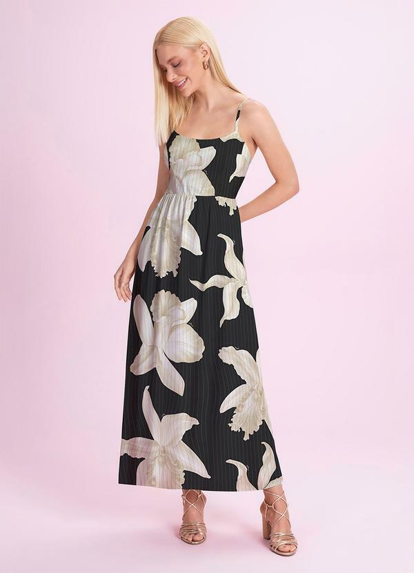 Vestido Midi Viscose Estampada Preto
