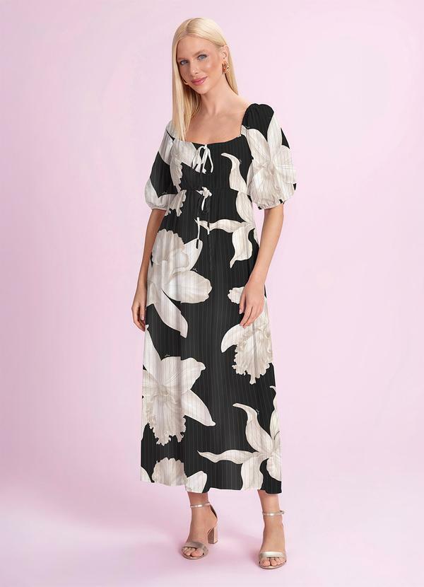 Vestido Midi Viscose Estampada Preto