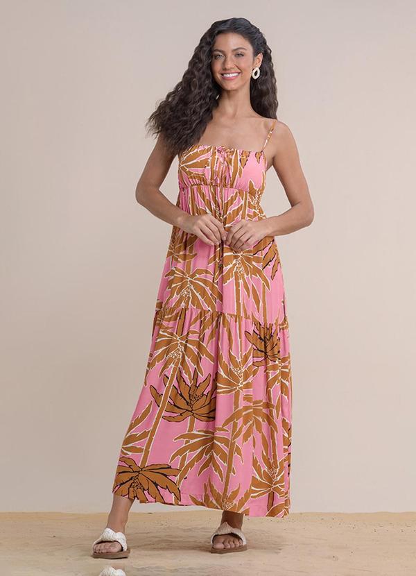 Vestido Midi Viscose Estampada Rosa