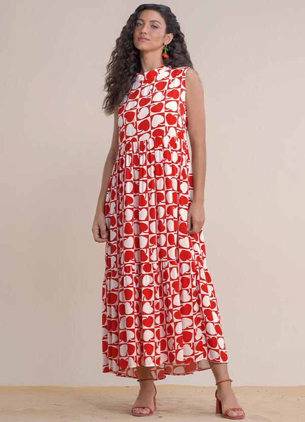 Vestido Midi Viscose Estampada Vermelho