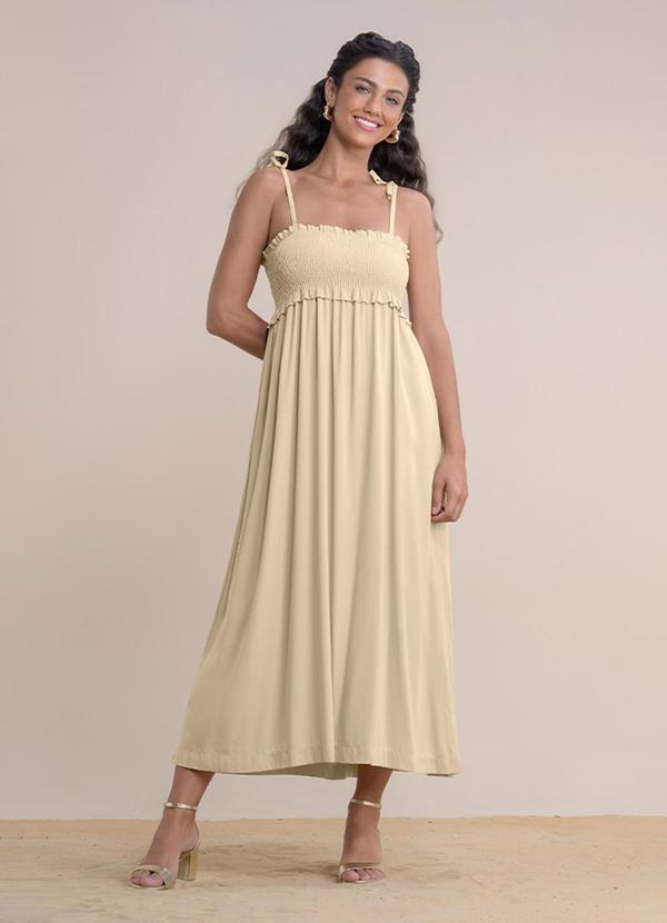 Vestido Midi Viscose Lisa Bege