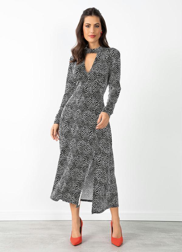 Vestido Poá Abstrato Decote Choker