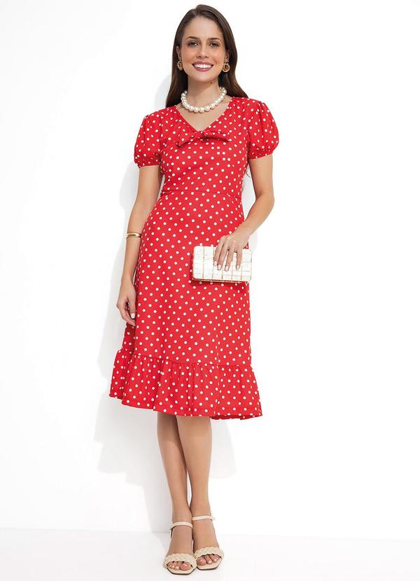 Vestido Poá Vermelha com Laço