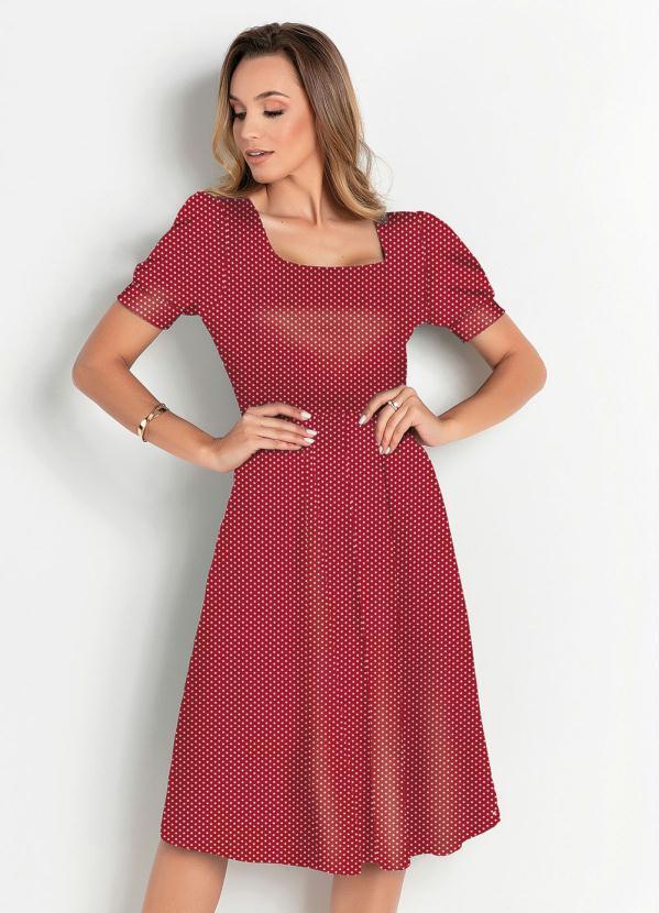 Vestido Poá Vermelha Manga 3/4