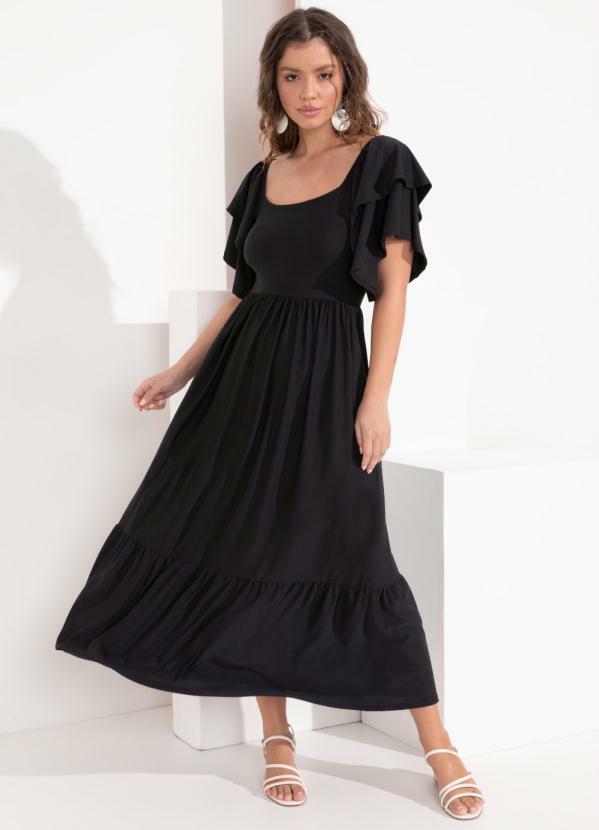 Vista 2 Vestido Preto com Babados nas Mangas Quintess Quintess