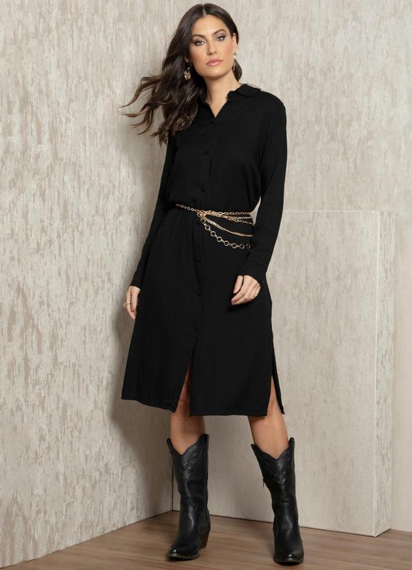 Vestido Preto com Fenda em Viscose Plana