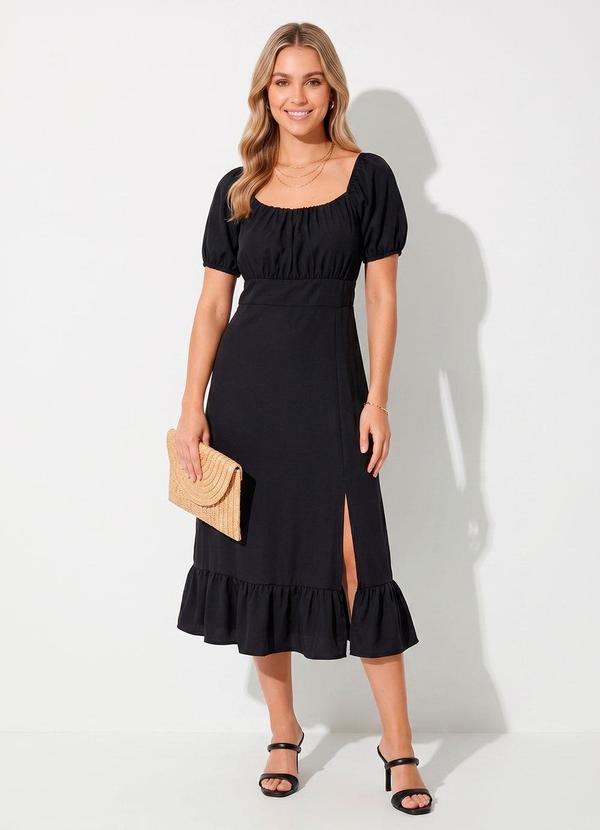 Vestido Preto Decote Quadrado e Fenda