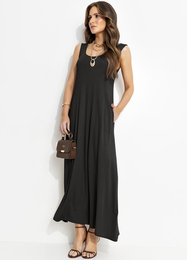 Vestido Longo Preto em Malha de Viscose com Bolsos Laterais