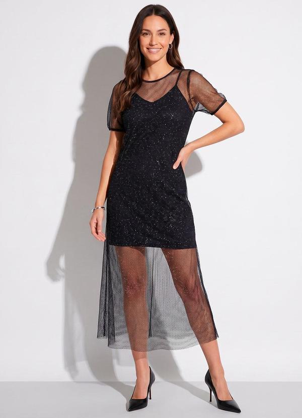 Vestido Preto em Tela com Mangas Curtas