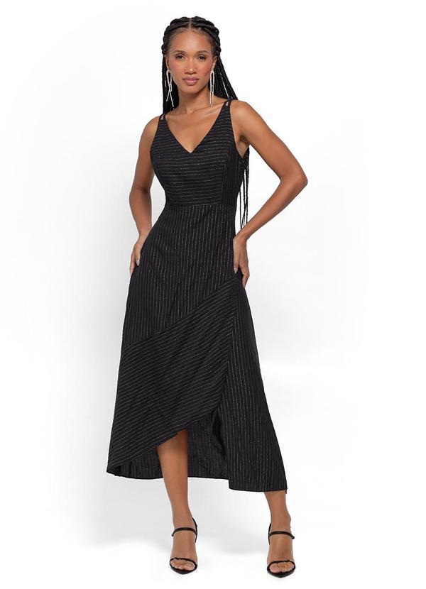 Vestido Preto Mídi Assimétrico com Lurex