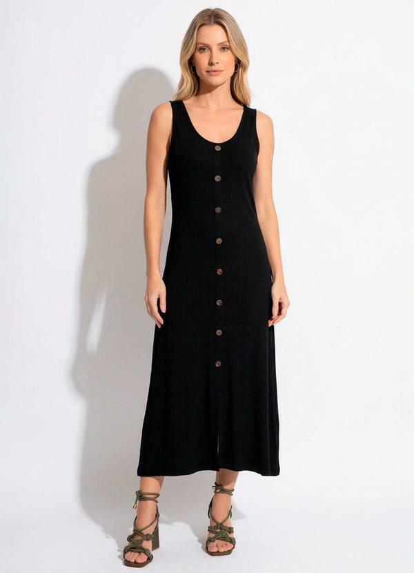 Vestido Preto Midi sem Mangas com Botões