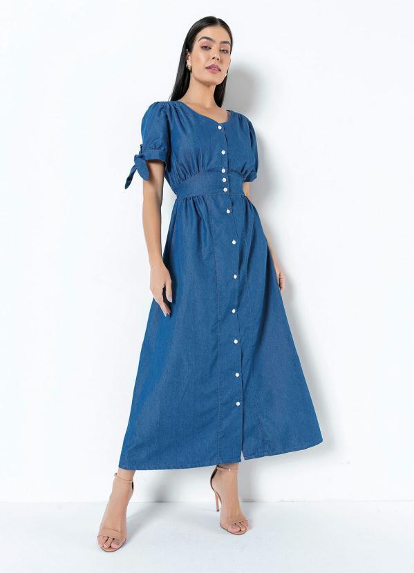 Vista 2 Vestido Sarja Mangas com Amarração Azul Médio bonprix bonprix