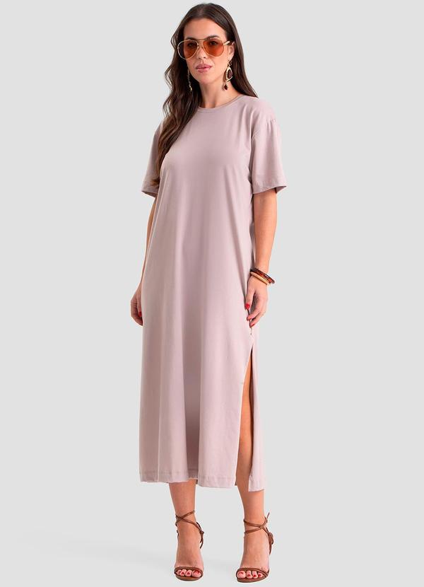 Vestido Super Midi com Fendas Laterais Bege