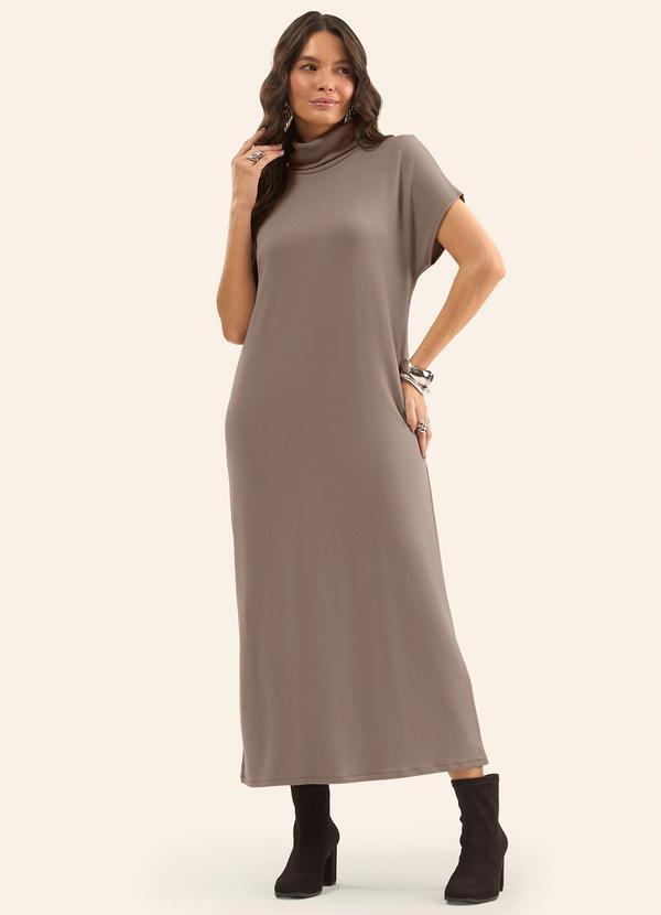 Vestido Super Midi com Gola Alta Marrom