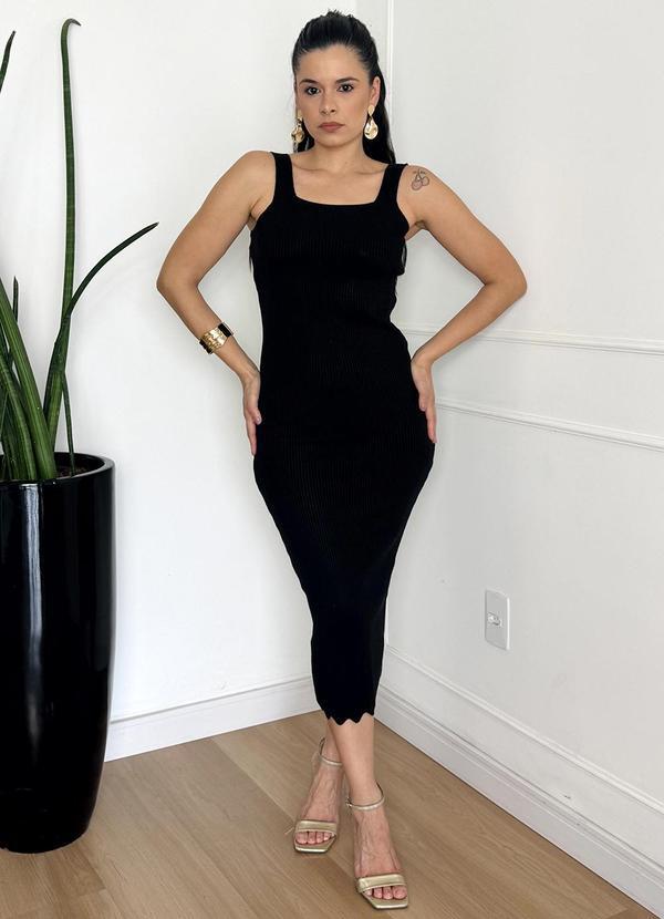 Vestido Tricot Canelado Midi com Fenda Preto