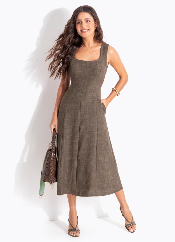Vestido Verde Militar em Tecido com Aspecto de Linho