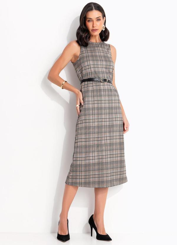 Vestido Xadrez Bege em Malha de Alfaiataria