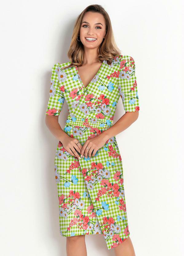 Vista 2 Vestido Xadrez Floral Verde Rosalie Rosalie