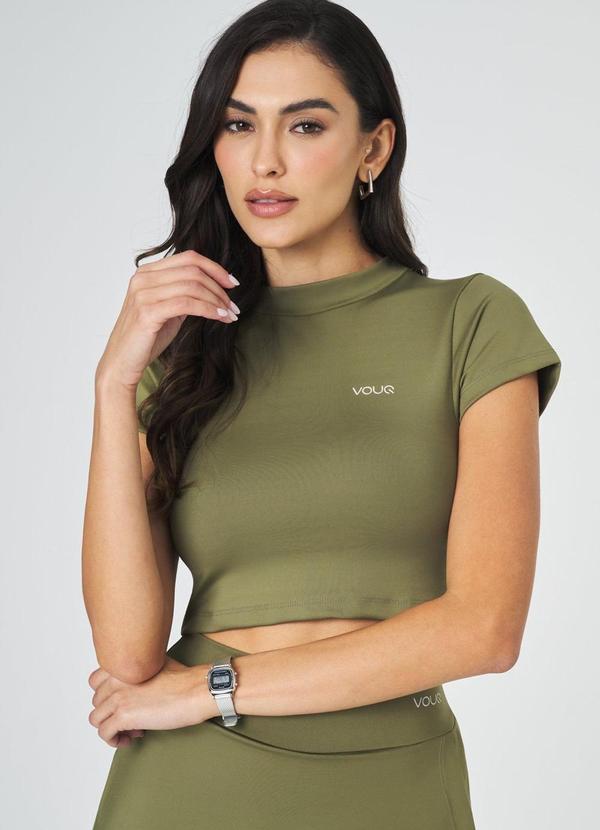 Cropped Fitness Fit-Tech com Manga Verde Militar