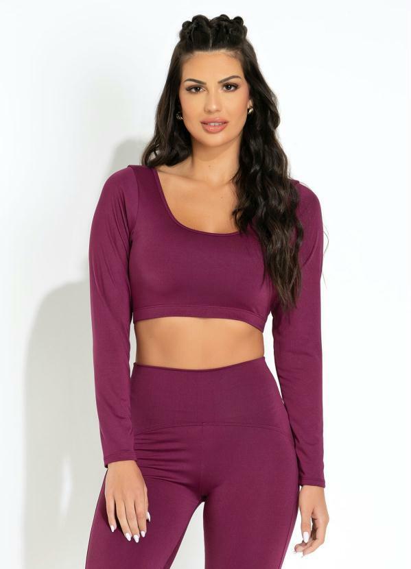 Vista 2 Cropped Bordô com Manga Sawary Fitness Sawary Fitness