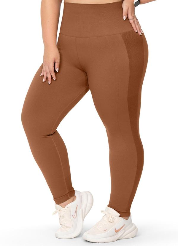 Calça Legging Plus Size Cós Alto Dobrável Marrom