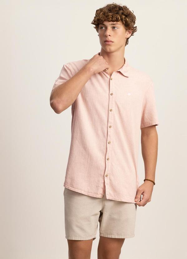 Camisa de Mangas Curtas em Tecido com Linho Rosa