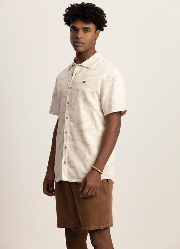 Camisa de Mangas Curtas Estampada com Linho Bege