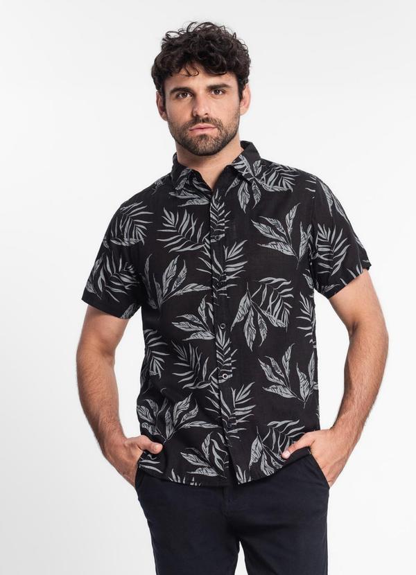 Camisa Masculina Estampada em Tricoline Preto
