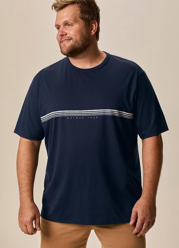 Camiseta Regular Listras em Malha Plus Azul