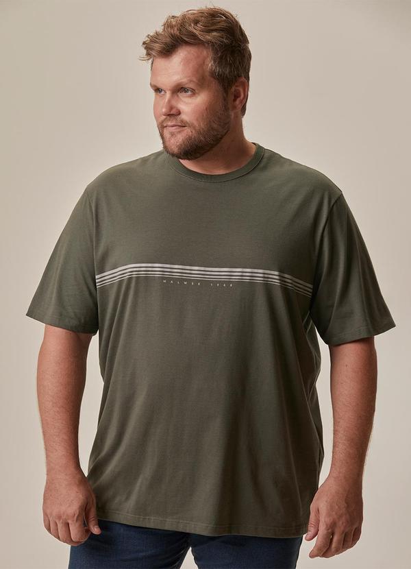 Camiseta Regular Listras em Malha Verde Oliva