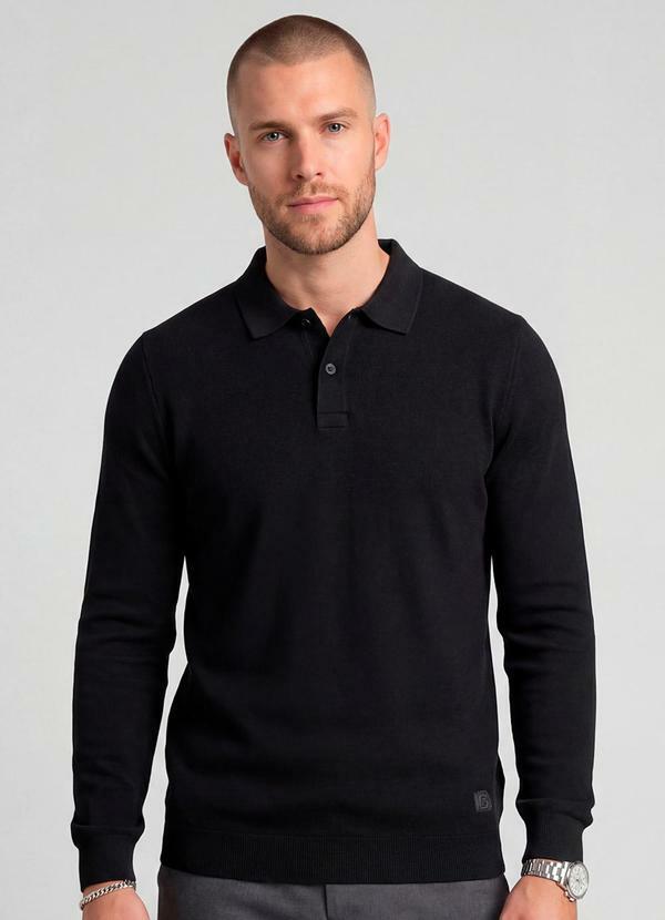 Polo Manga Longa Maquinetada Preto