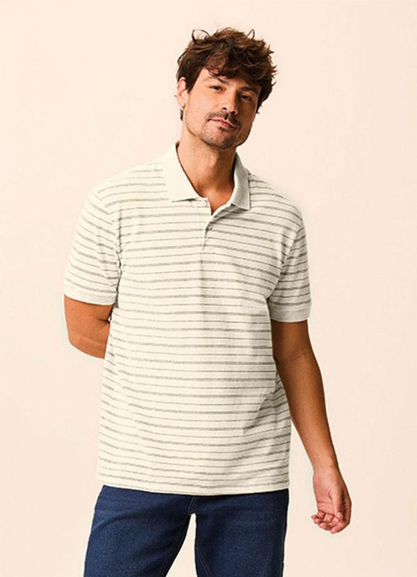 Camisa Polo Regular Piquet Listrado Off White