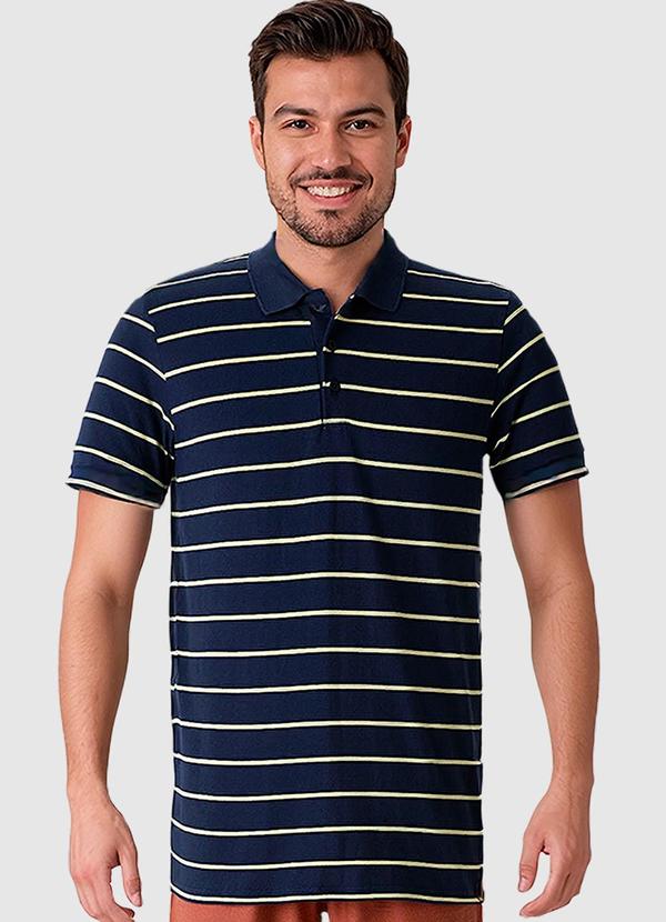 Camisa Polo Slim Listrada Azul Marinho