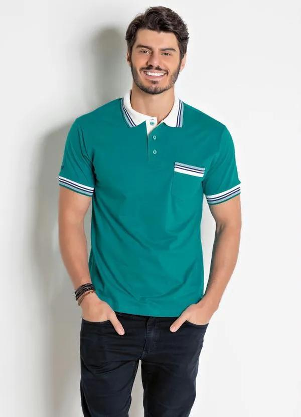 Camisa Polo Verde Turquesa com Bolso e Listras