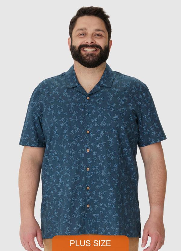 Camisa Regular Tropical com Linho Plus Azul Escur