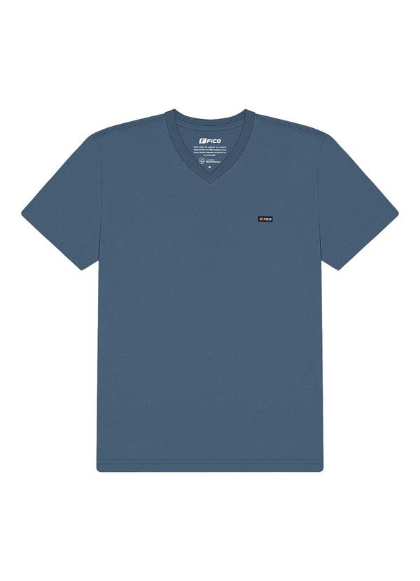 Camiseta com Gola V em Meia Malha Azul