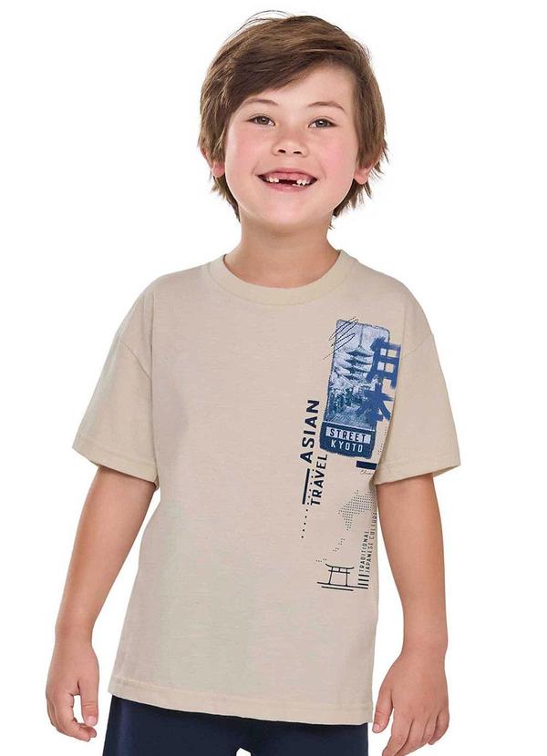 Camiseta Infantil Menino Flamê com Puff Bege