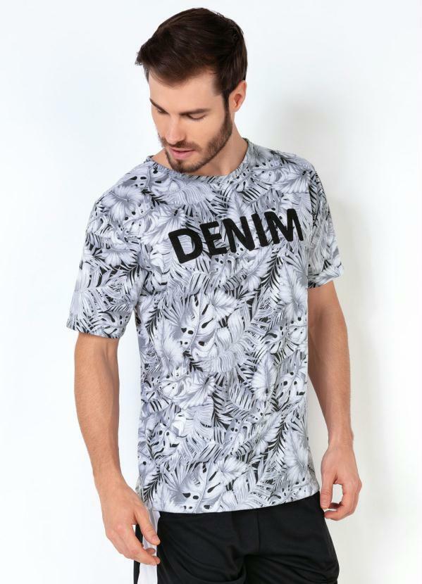 Camiseta Masculina com Estampa de Folhas Cinza