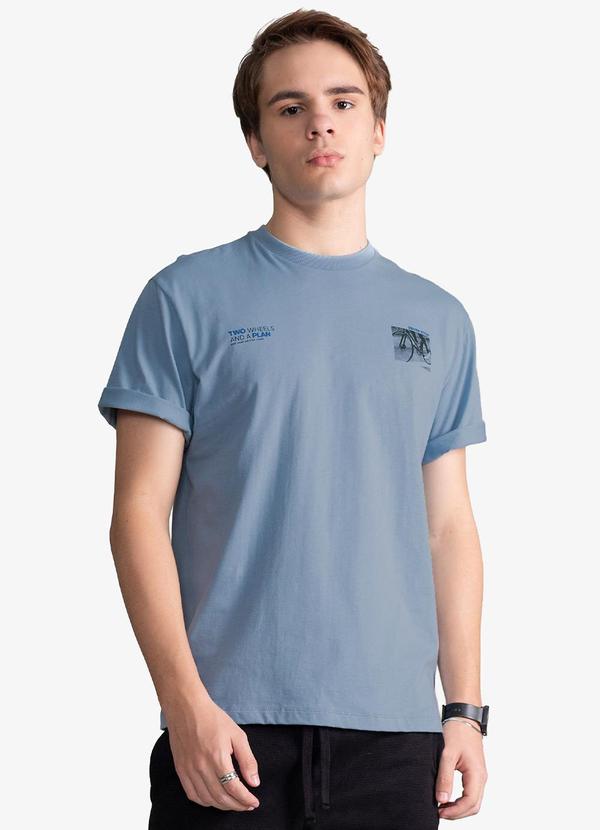 Camiseta Masculina Meia Malha com Estampa Azul