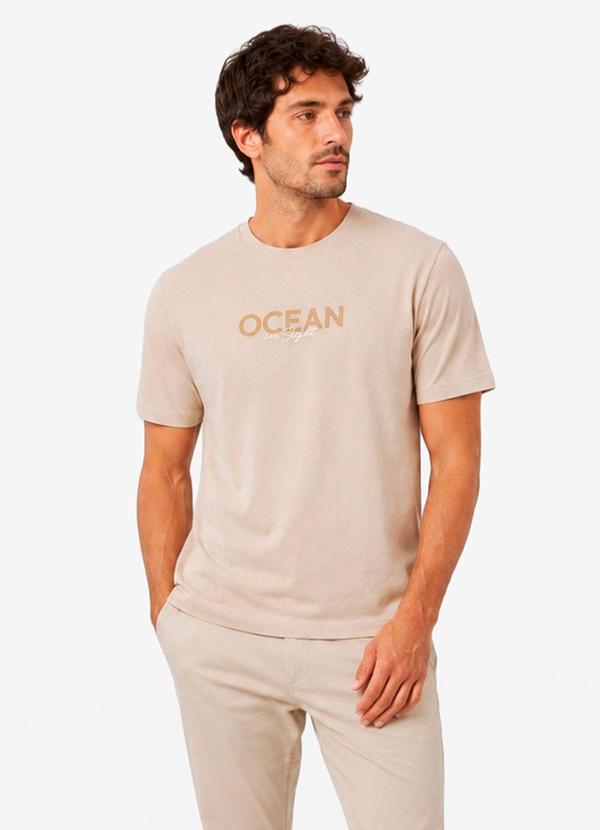 Camiseta Masculina Meia Malha com Estampa Bege