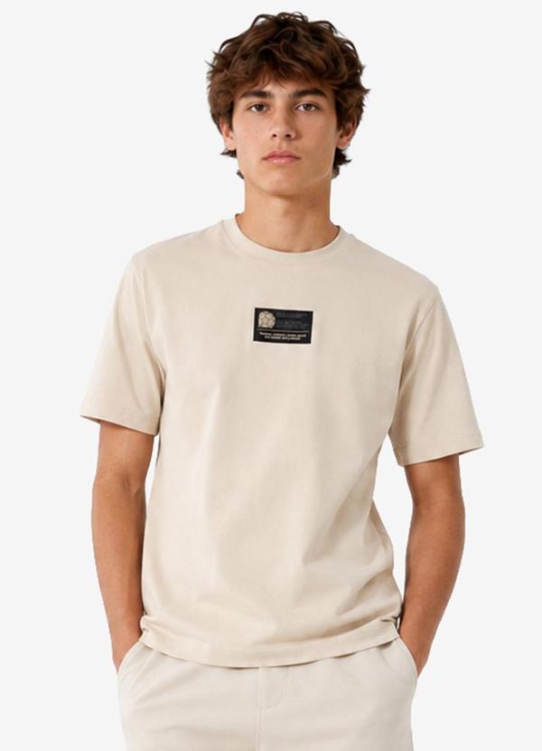 Camiseta Masculina Meia Malha com Estampa Bege