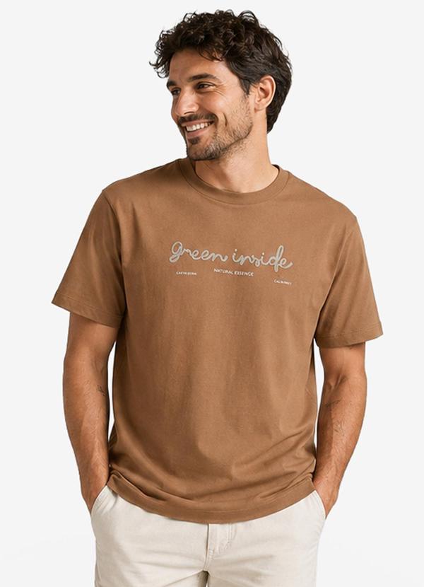 Camiseta Masculina Meia Malha com Estampa Marrom