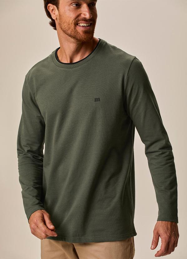Camiseta Regular em Moletinho Rajado Verde Oliva